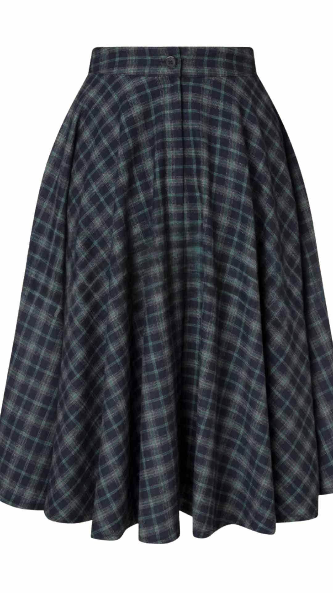 Sophie Blue Ink Woollen Check Tartan Midi Swing Skirt