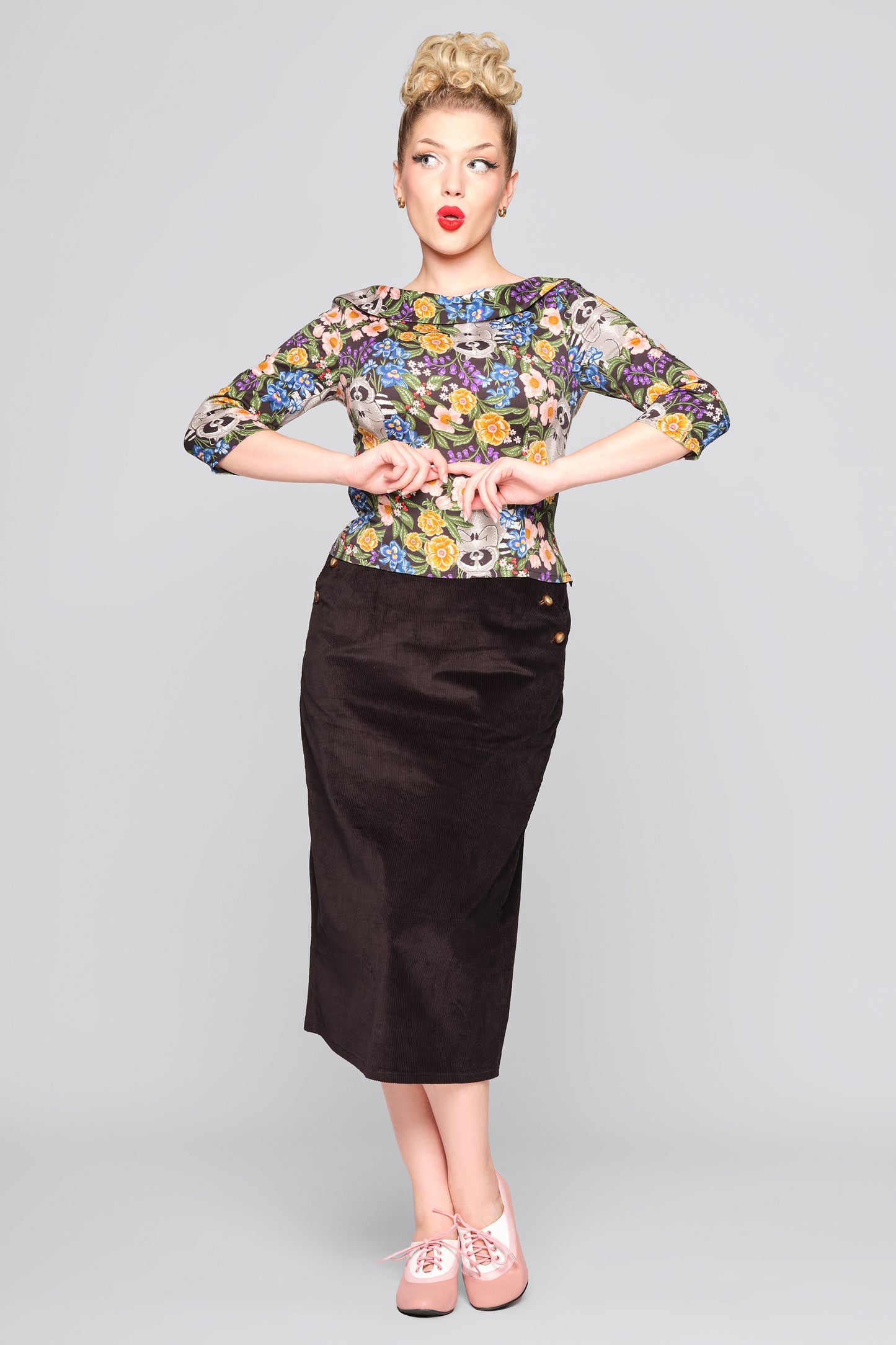 Cordelia 3/4 Forest Floral Raccoon Top