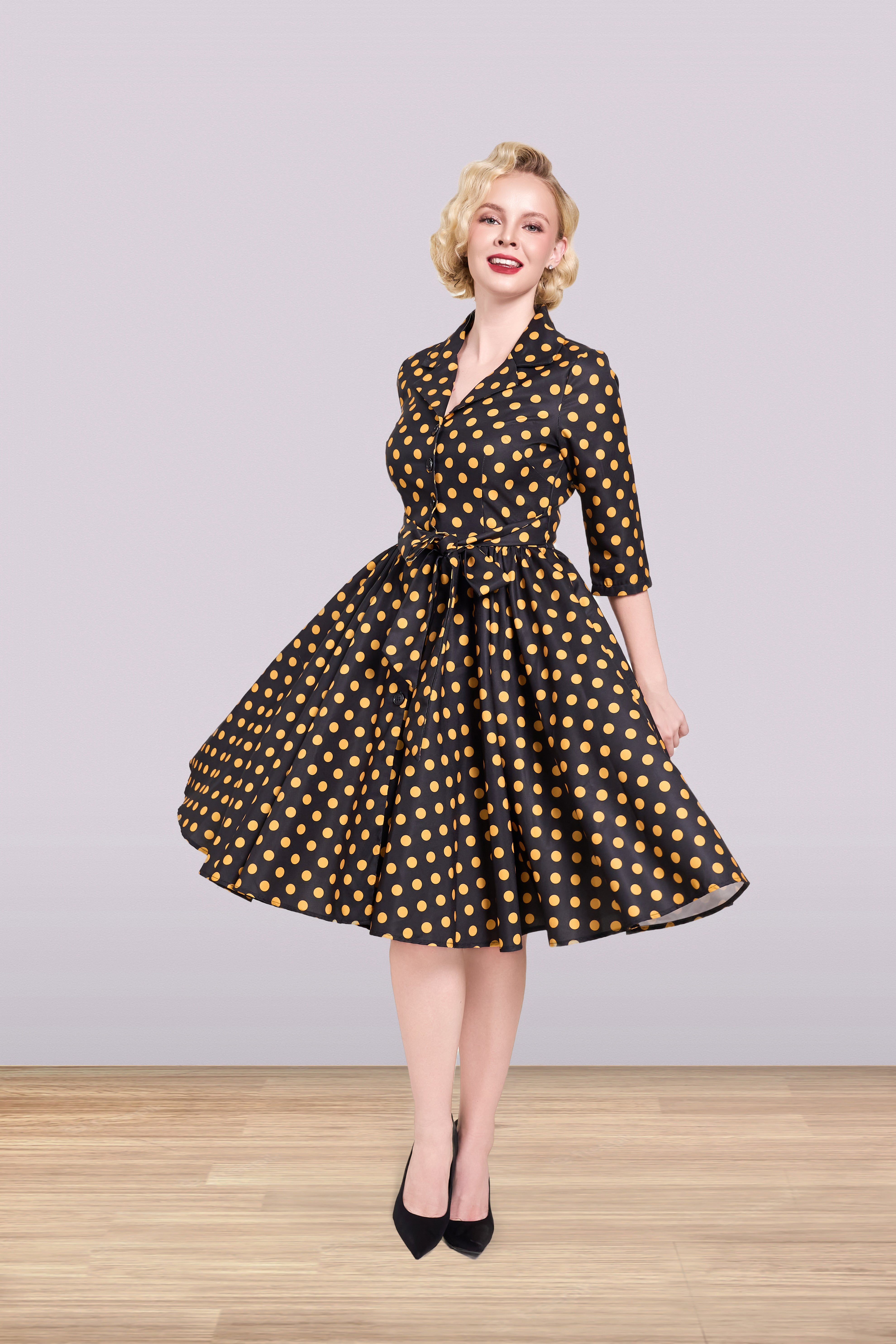 Lucia Polka Yellow Dress 3/4 Lindy Bop Lucia Polka Yellow Dress 3/4 Lindy Bop