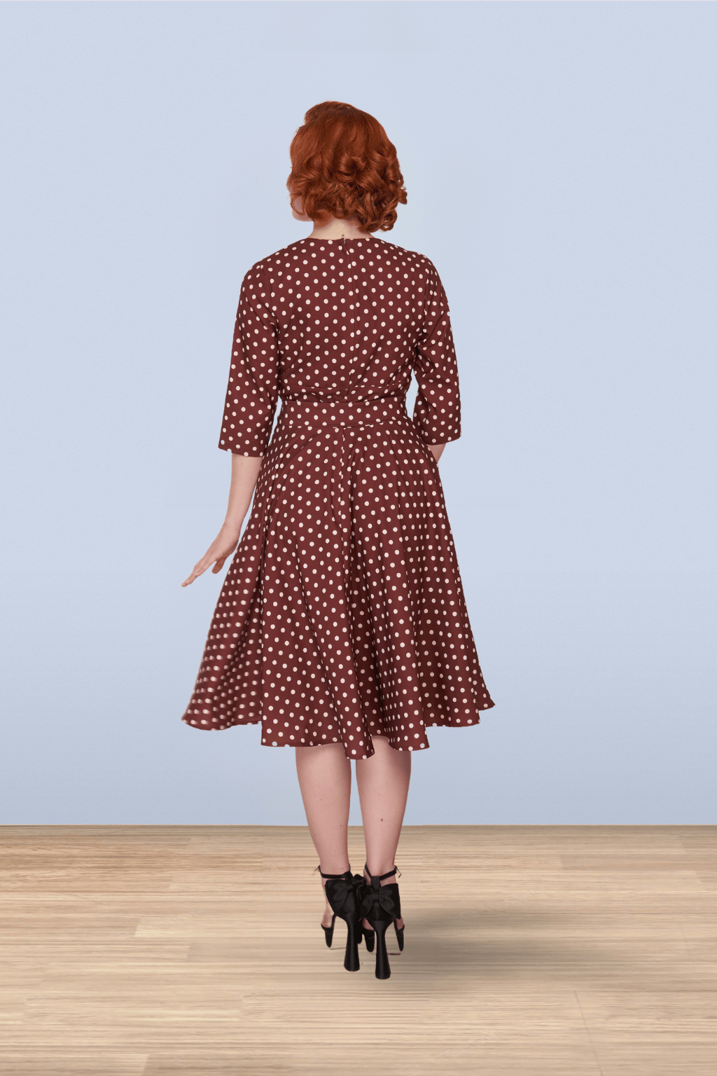 Rita Brown Polka Flared Dress 3/4