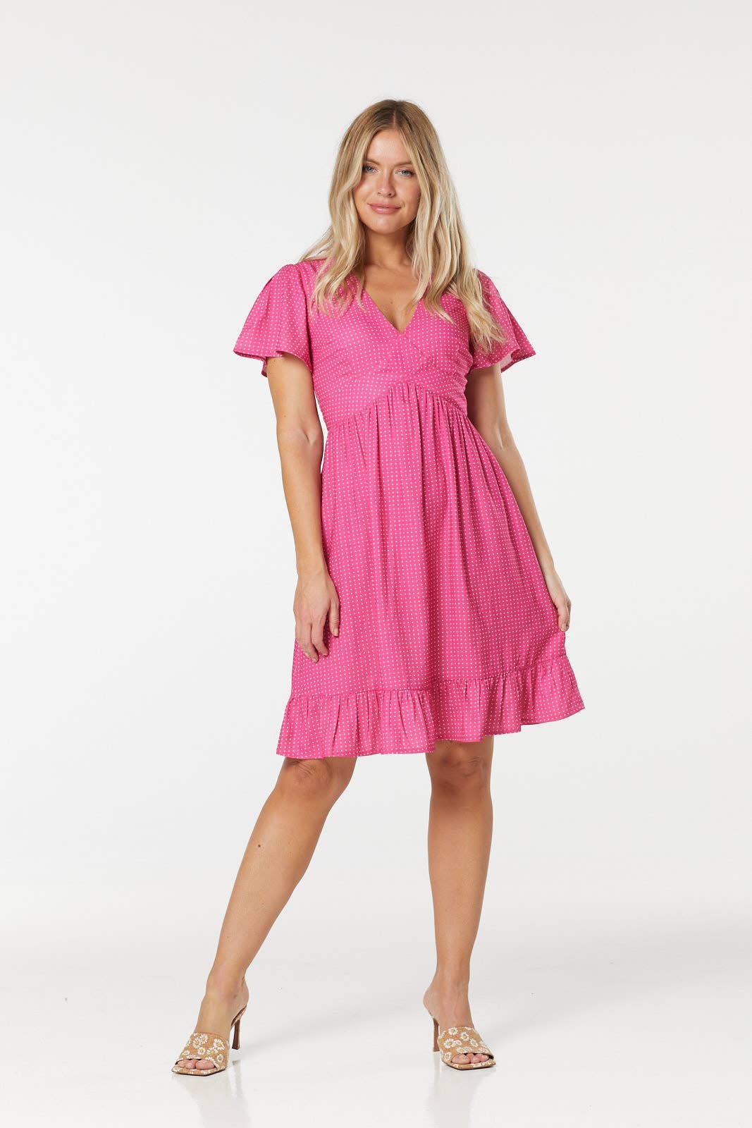 Maia Pink Polka Dot Short Dress with Frill Hem Dress