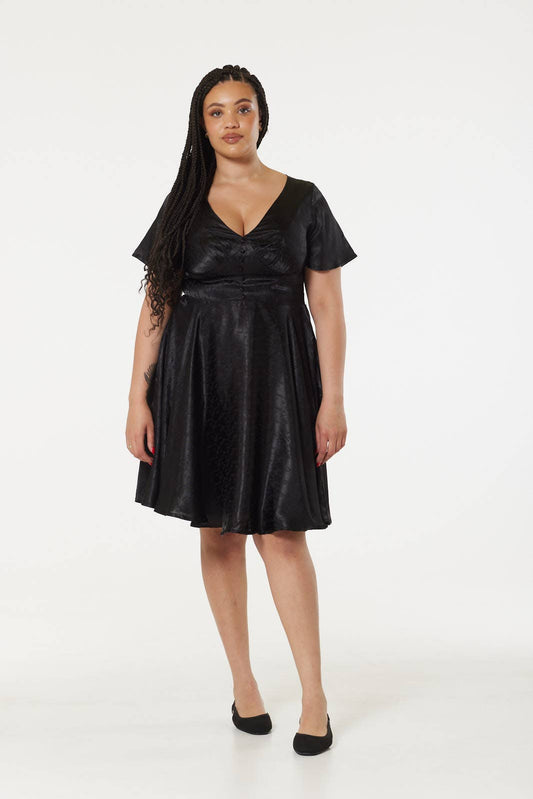 Kaylee Fit and Flare, Midi Swing Black Dress in Jacquard