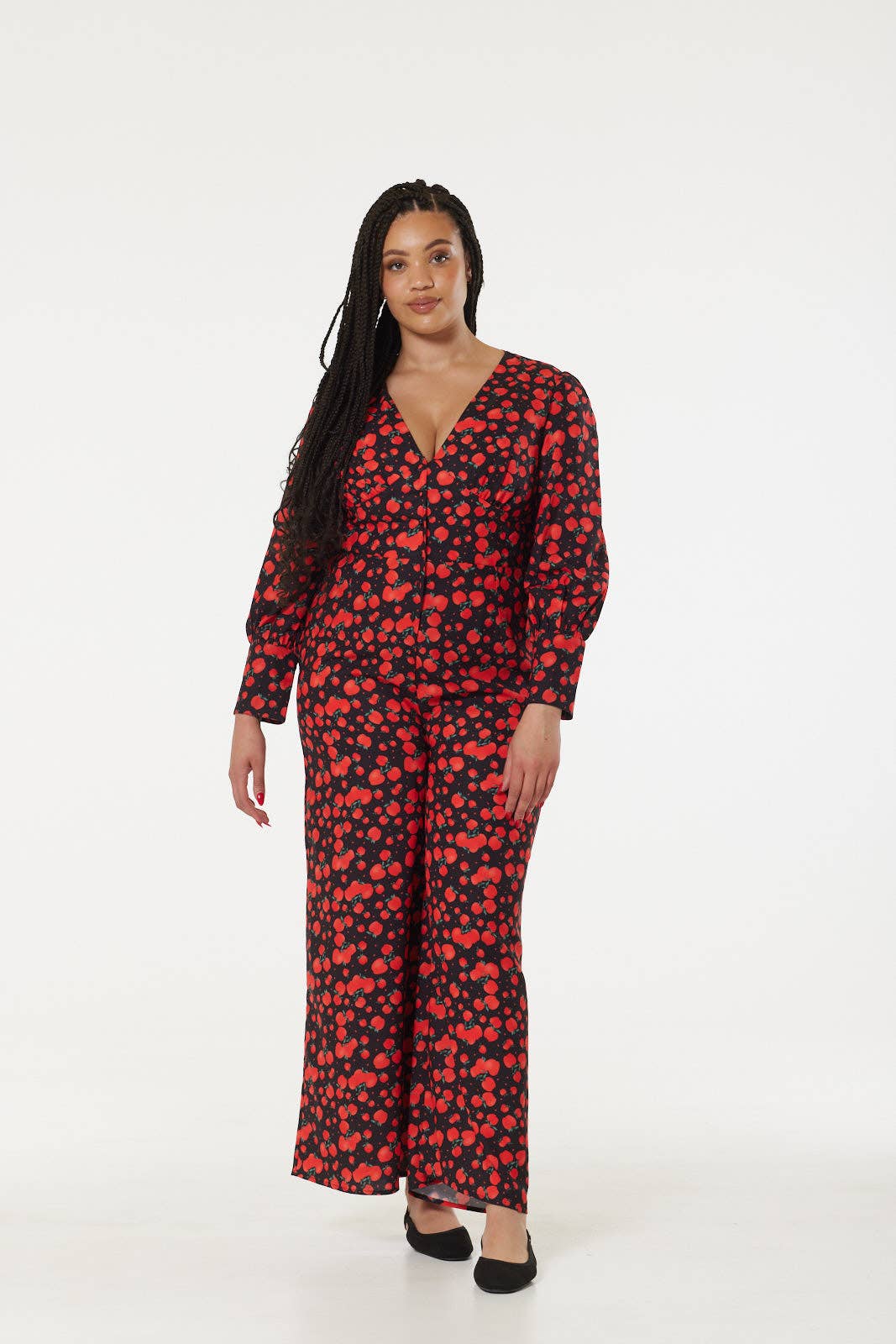 Marina V Neck Full Sleeves Apple Wide Leg Jumpsuit