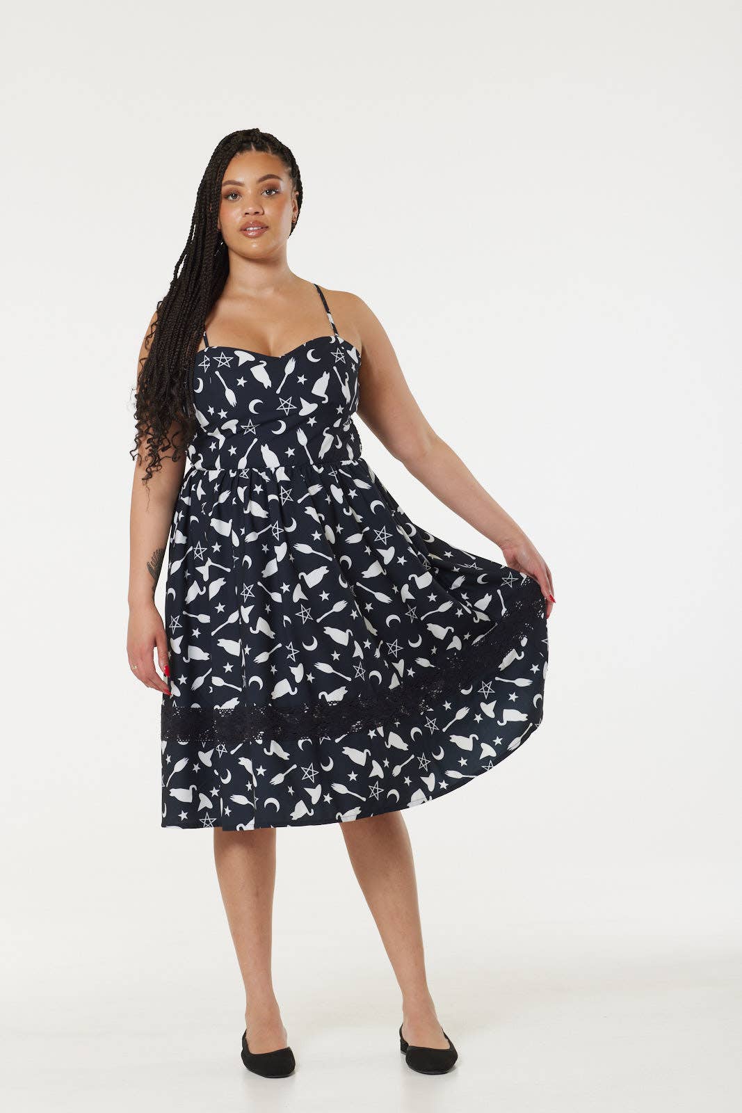 Alternative Witch Midi Fit&Flare Dress with Lace Hem detail