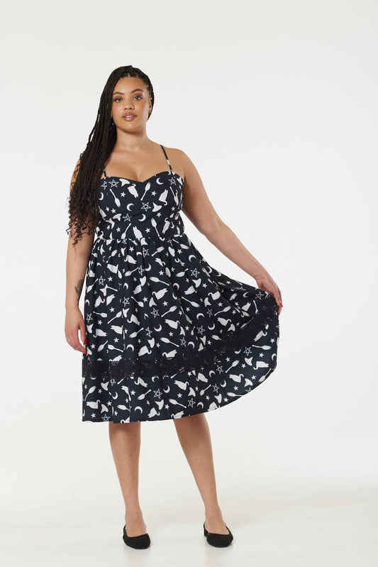 Alternative Witch Midi Fit&Flare Dress with Lace Hem detail