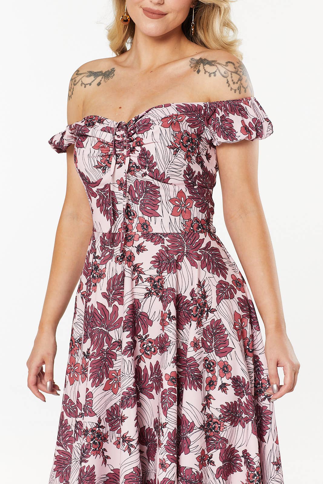 Off-Shoulder Fit and Flare Floral Midi Swing Klaudi Dress