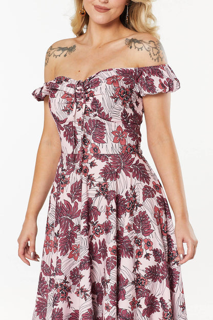 Off-Shoulder Fit and Flare Floral Midi Swing Klaudi Dress