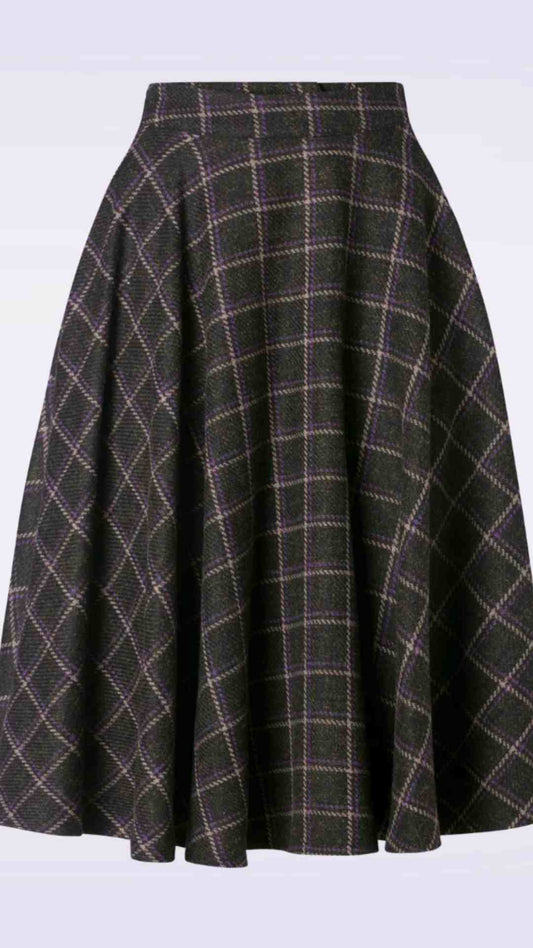 Sophie Purple Woollen Check Tartan Midi Swing Skirt