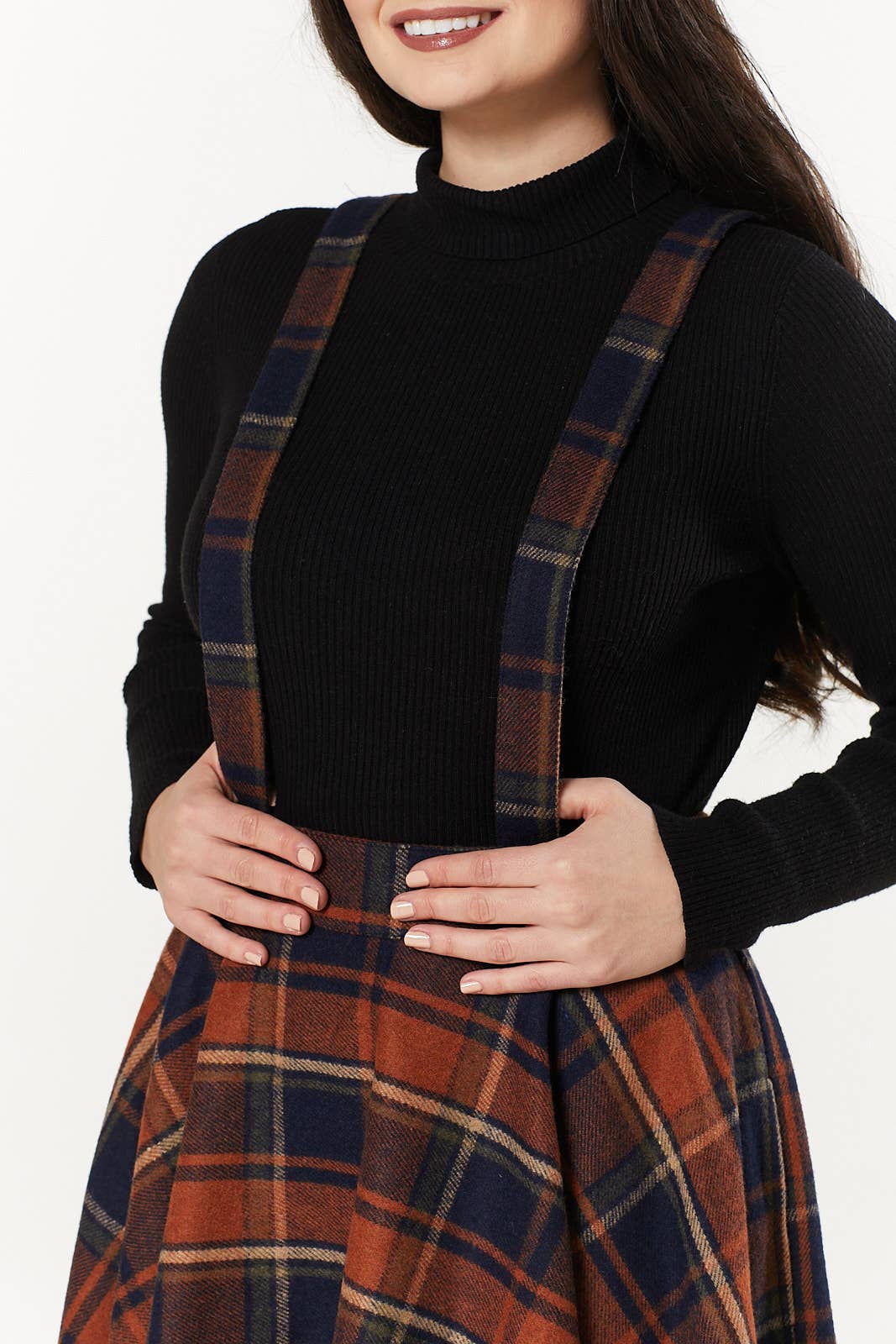 Sophie Woollen Swing Skirt Navy & Rust Check with braces