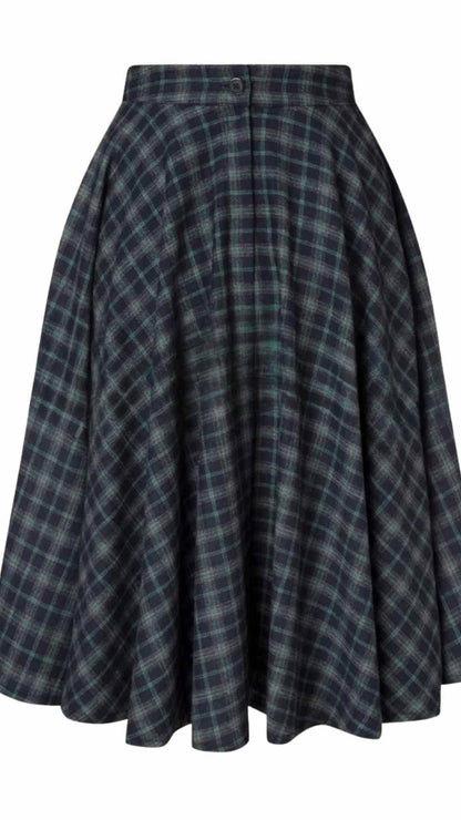 Sophie Blue Ink Woollen Check Tartan Midi Swing Skirt