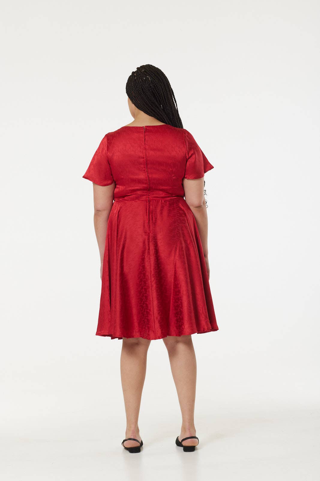 Kaylee Fit and Flare, Midi Swing Red Dress in Jacquard