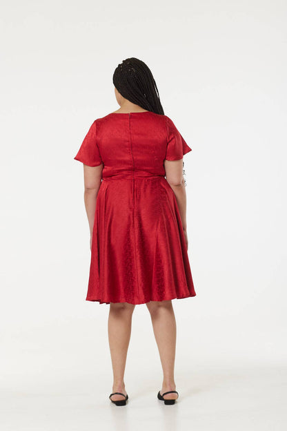 Kaylee Fit and Flare, Midi Swing Red Dress in Jacquard