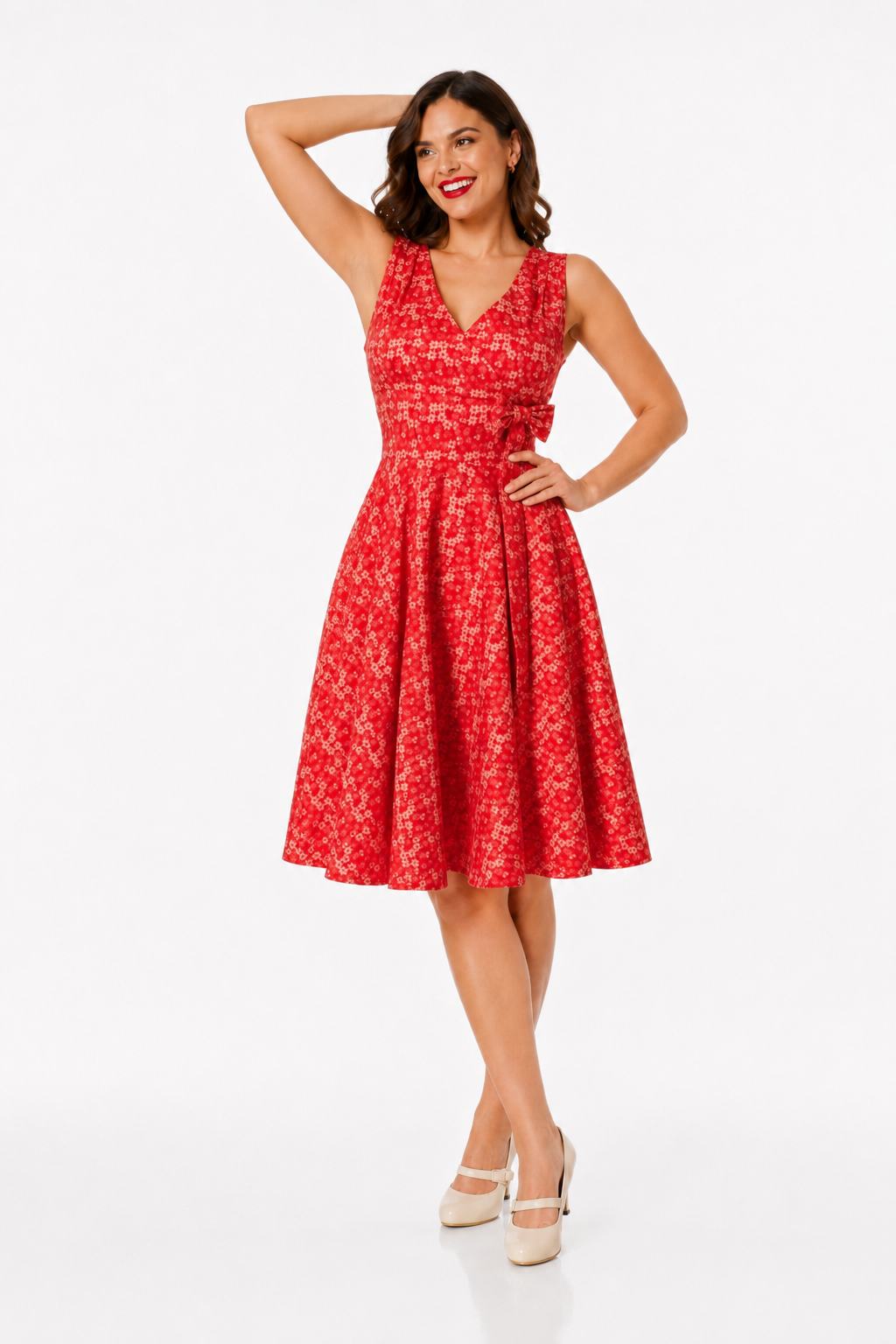 Hazel Sleevless V Neck, Midi Fit and Flare Dress wt Faux Bow