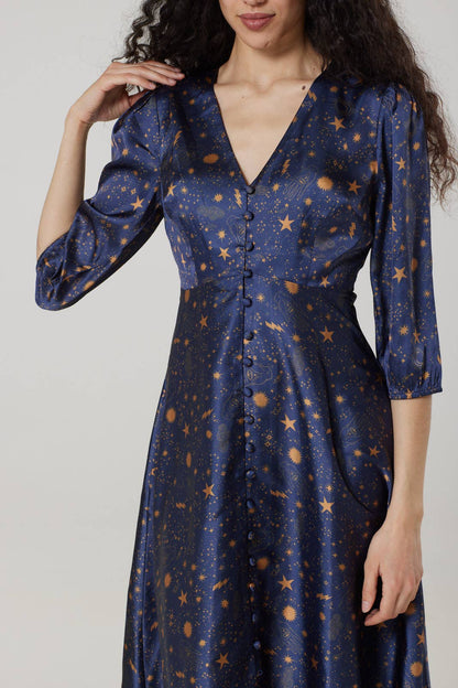 Daphne Midi,Moon and Print Stars Tea Dress in Recycled fabr