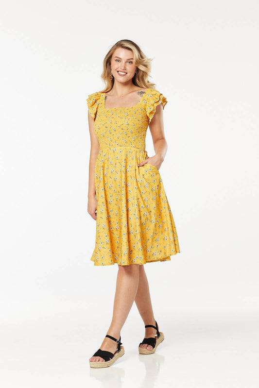 Yellow Flutter Sleeves Floral Bree Midi Dress with shirring