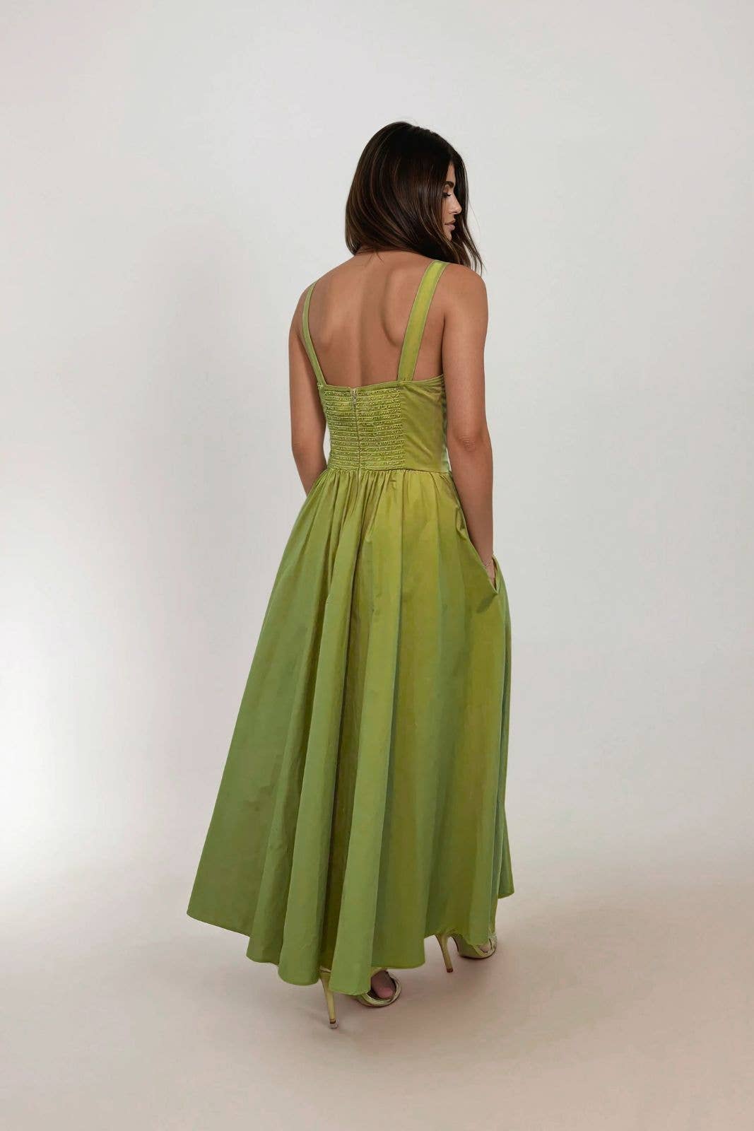 Lolita Square Neck Midi Sage Green Sleeveless Dress