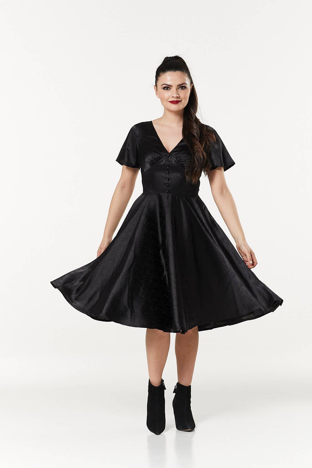 Kaylee Fit and Flare, Midi Swing Black Dress in Jacquard