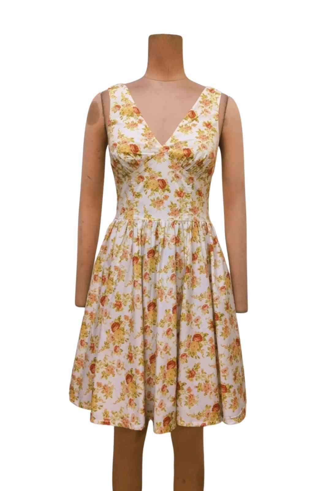 Irisa vintage floral white and yellow V Neck Mini Dress