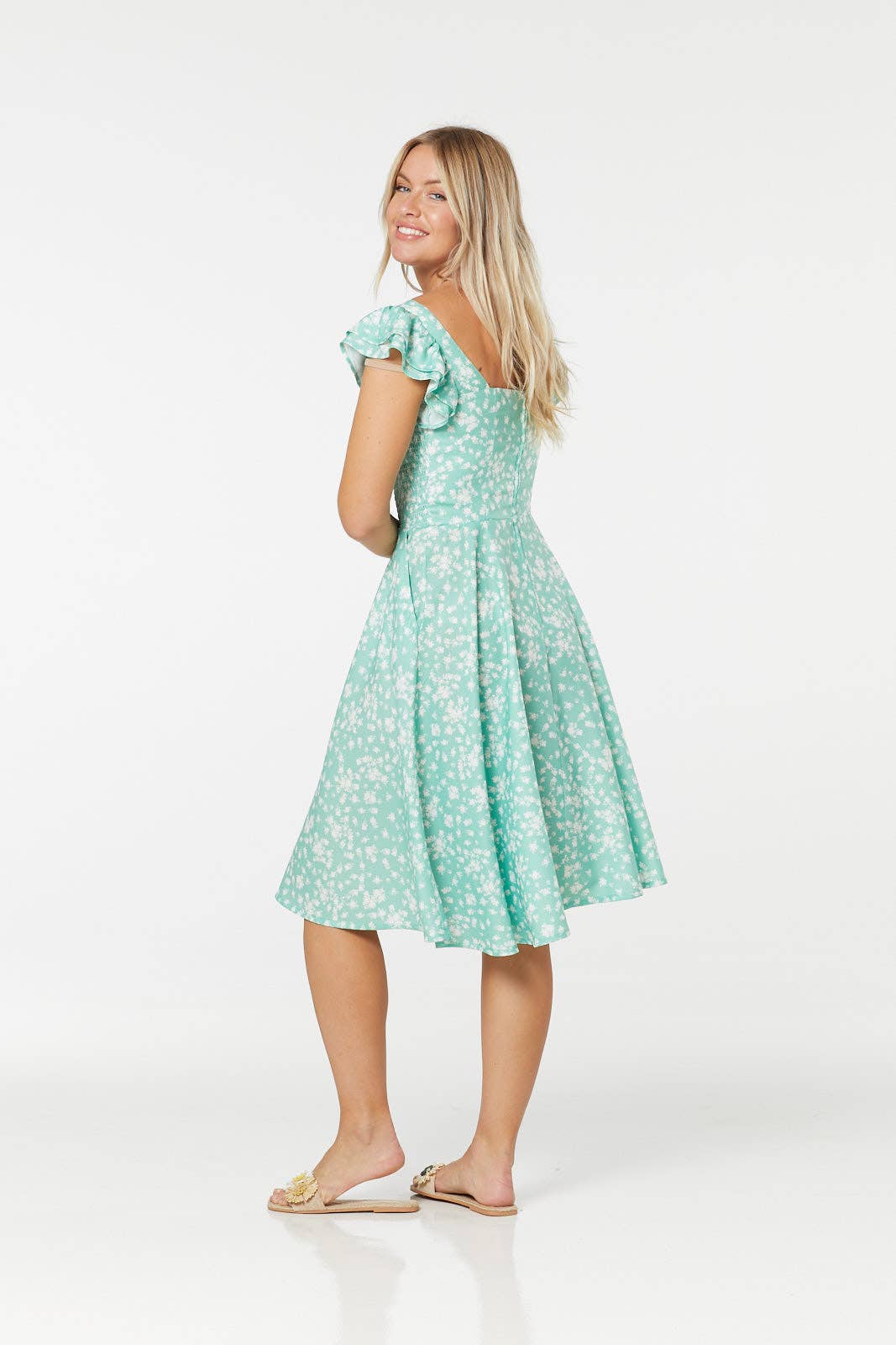 Tory Flutter Sleeves A line fit&flare Green Floral Dress