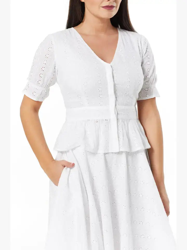 Angelina Swing Midi Organic Cotton Anglaise Skirt White