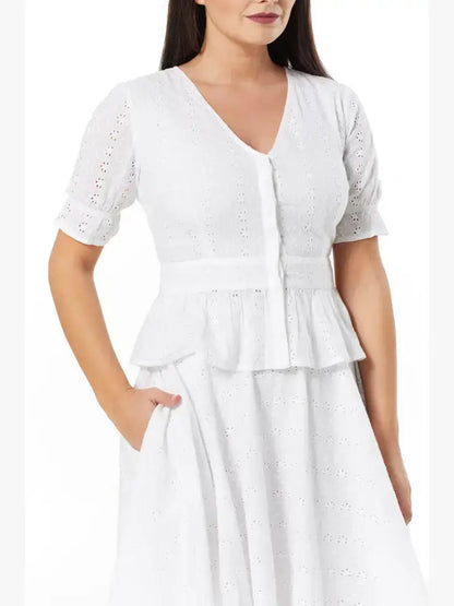 Angelina Swing Midi Organic Cotton Anglaise Skirt White