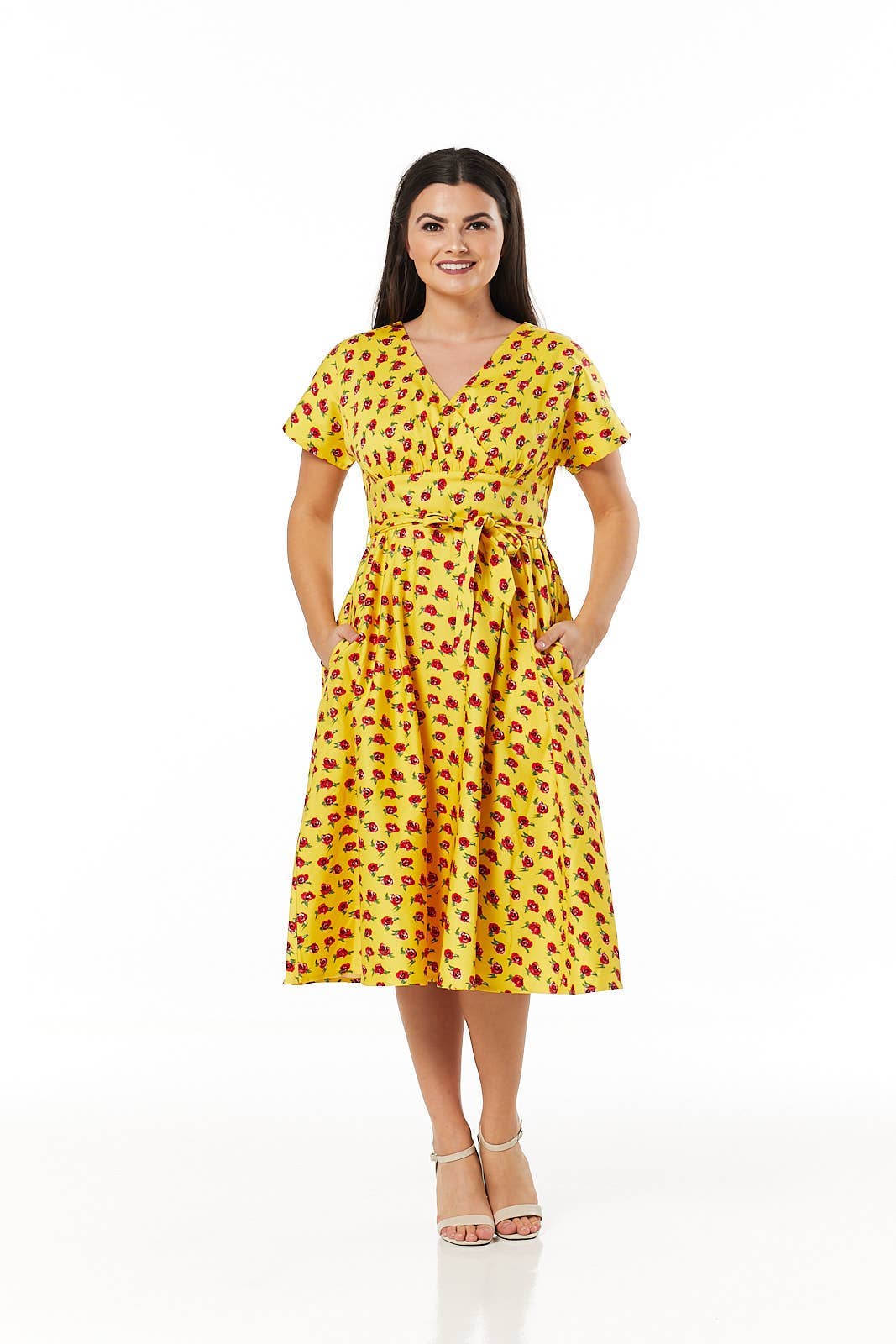 Darcey V Neck Dress Wrap Yellow and roses floral Midi Dress