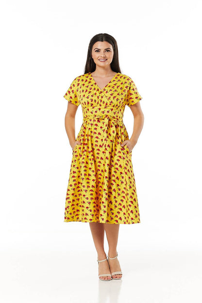 Darcey V Neck Dress Wrap Yellow and roses floral Midi Dress