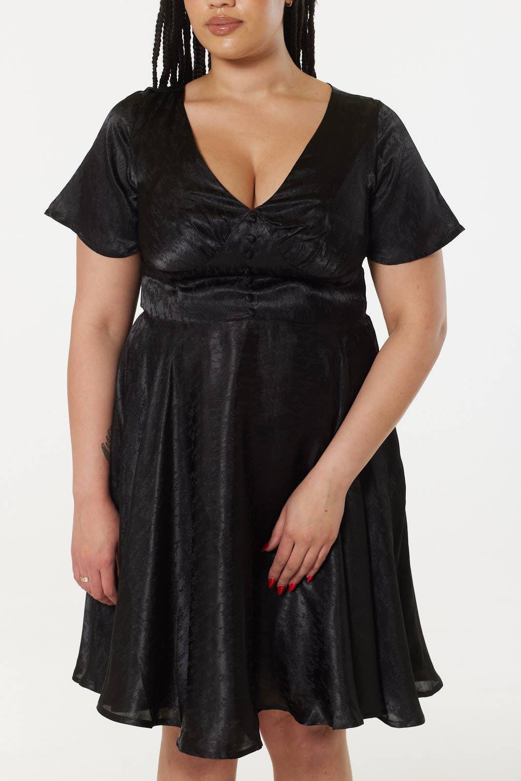 Kaylee Fit and Flare, Midi Swing Black Dress in Jacquard