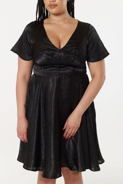 Kaylee Fit and Flare, Midi Swing Black Dress in Jacquard