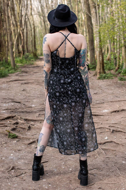 Alternative Moonprint Maxi Dress With Straps And Leg Split