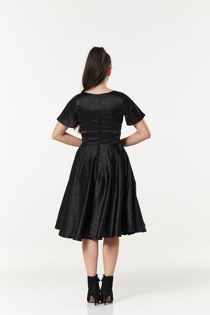 Kaylee Fit and Flare, Midi Swing Black Dress in Jacquard