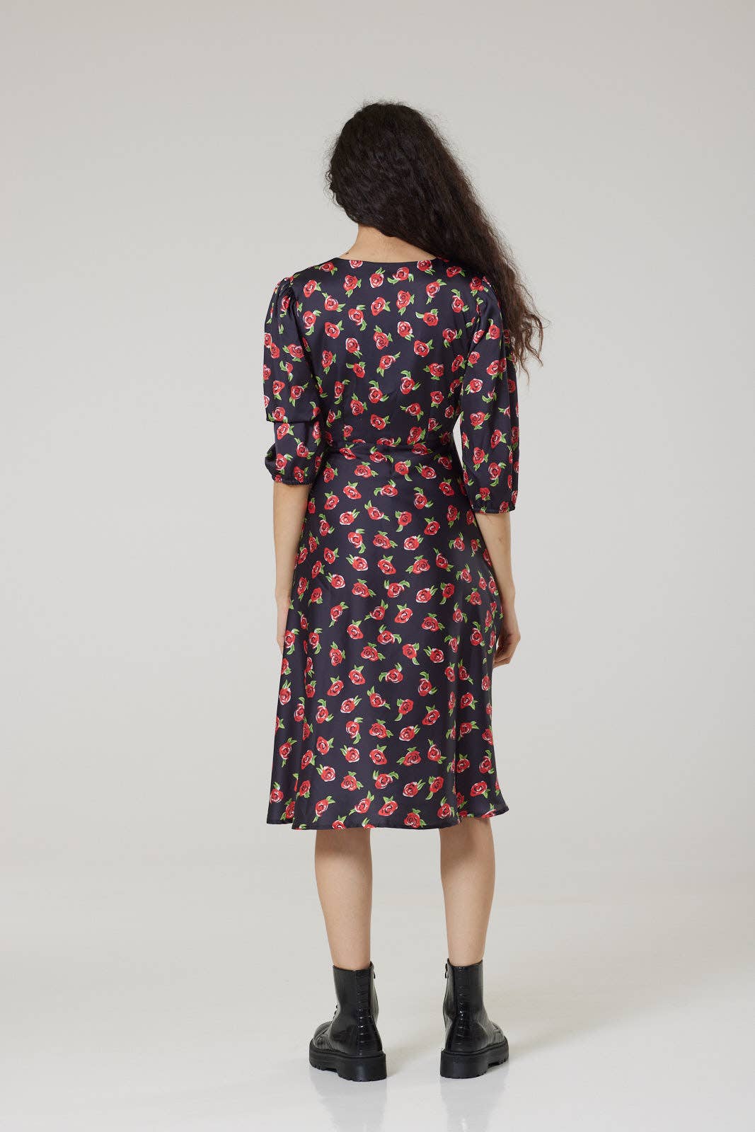 Phoebe Midi V Neck Tea Dress in recycled satin