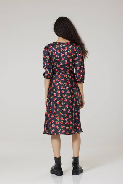 Phoebe Midi V Neck Tea Dress in recycled satin