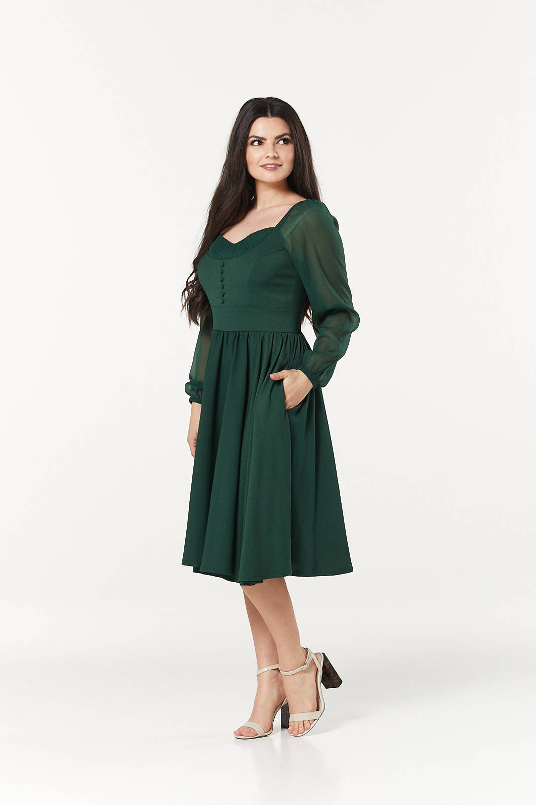 Dior Green Midi Swing Dress Sweetheart Neck with Chif sleeve