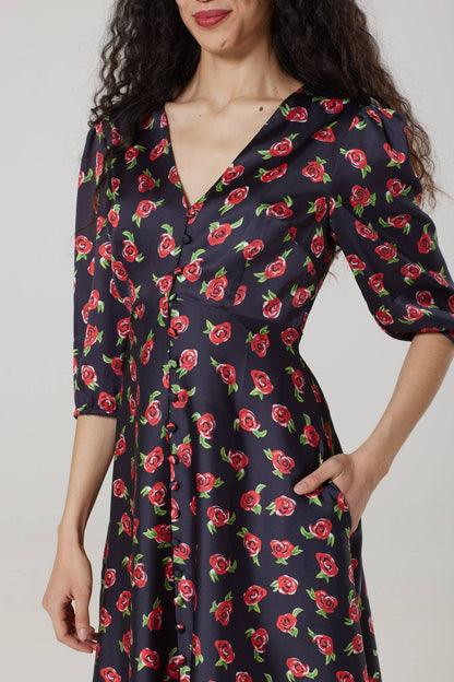 Phoebe Midi V Neck Tea Dress in recycled satin