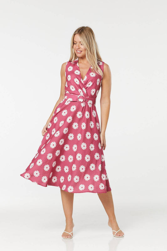 Moira Pink, V Neck and White Floral Midi A-Line Dress