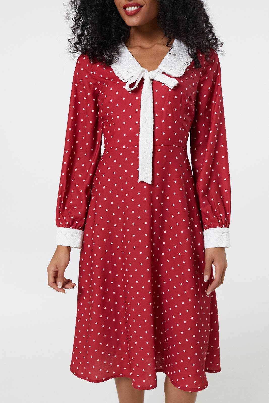 Lace Bow Front Midi Tea Dress in Black and White Polka