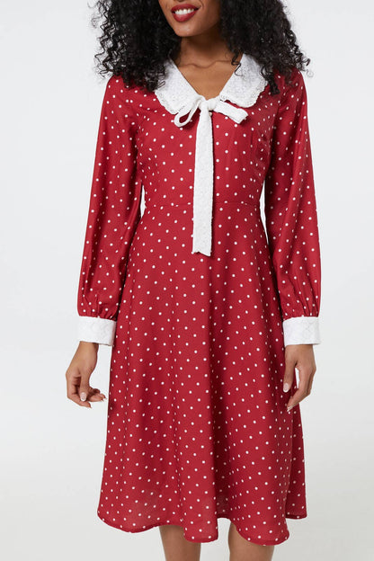 Lace Bow Front Midi Tea Dress in Black and White Polka