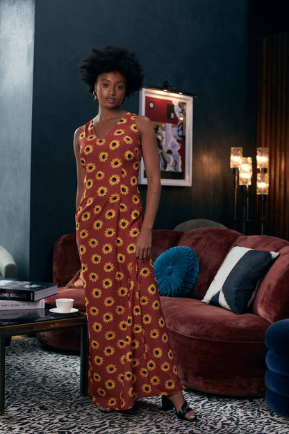 Glini Orange Sunflower Sleeveless Summer Maxi Dress