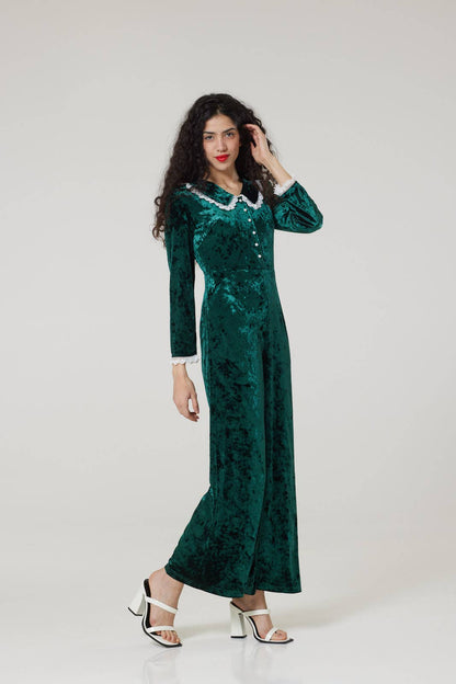 Pixie Festive Wide Leg Velvet Jumpsuit in Green