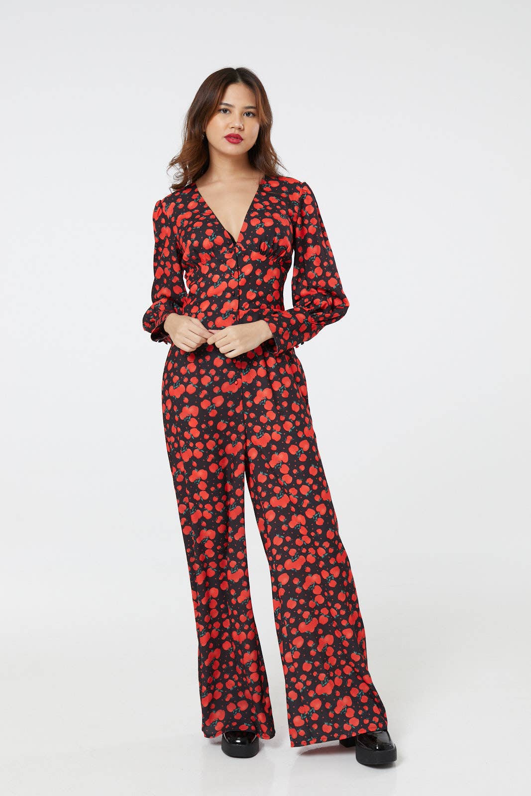 Marina V Neck Full Sleeves Apple Wide Leg Jumpsuit