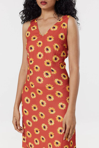 Glini Orange Sunflower Sleeveless Summer Maxi Dress