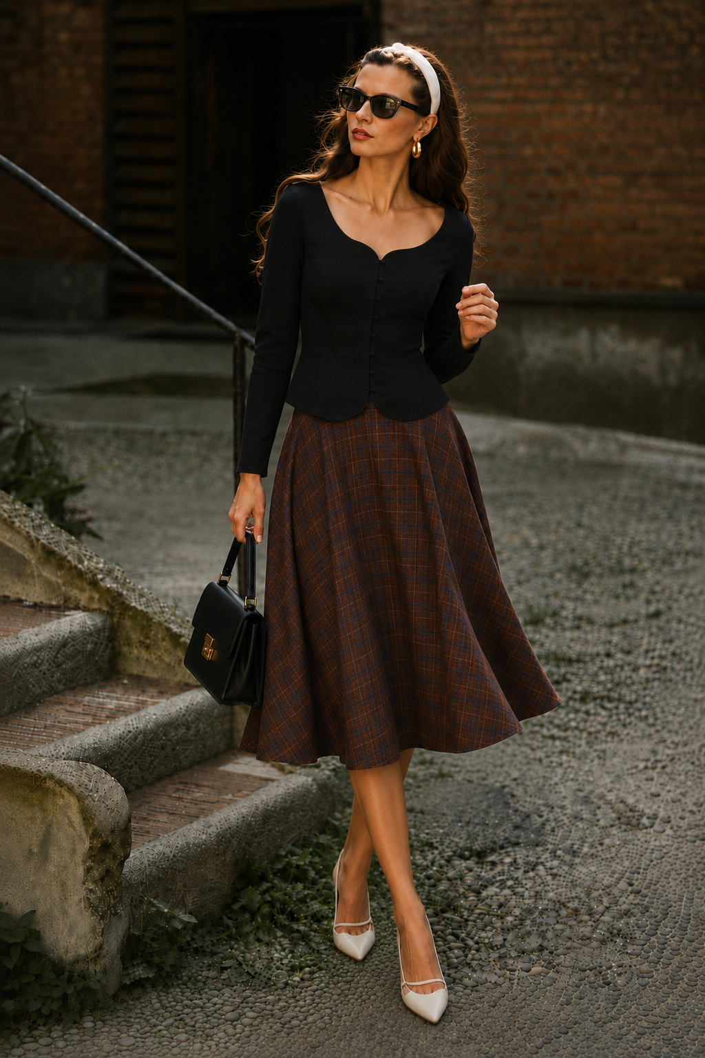 Sophie Blue & Brown Woollen Check Tartan Midi Swing Skirt