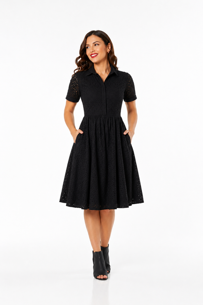 Harlow Organic Cotton Broderie Anglaise Black Shirt Dress
