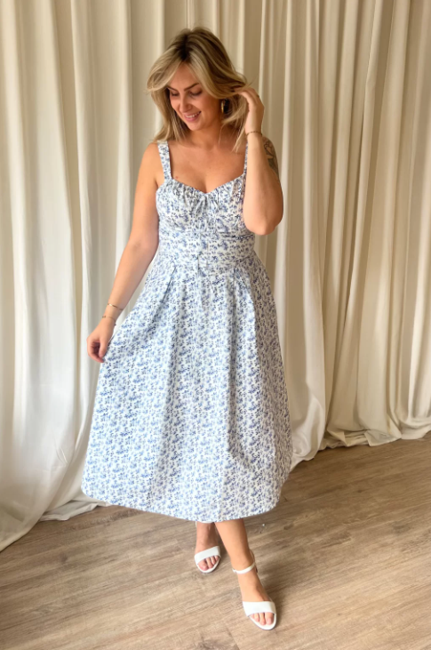 Saira Printed Swing Bust Gathered Tie Midi Dress