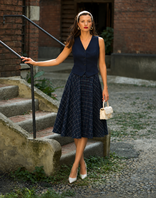 Sophie Blue Ink Woollen Check Tartan Midi Swing Skirt