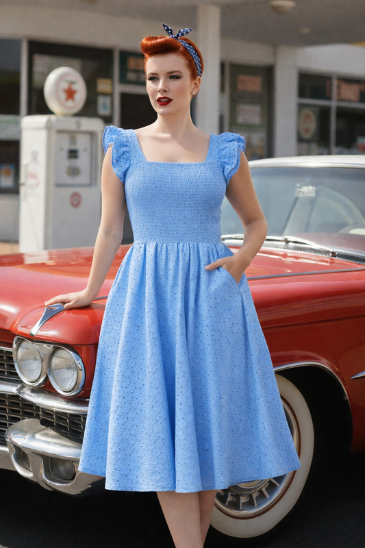 Raphaella Organic Cotton Broderie Anglaise Blue Dress