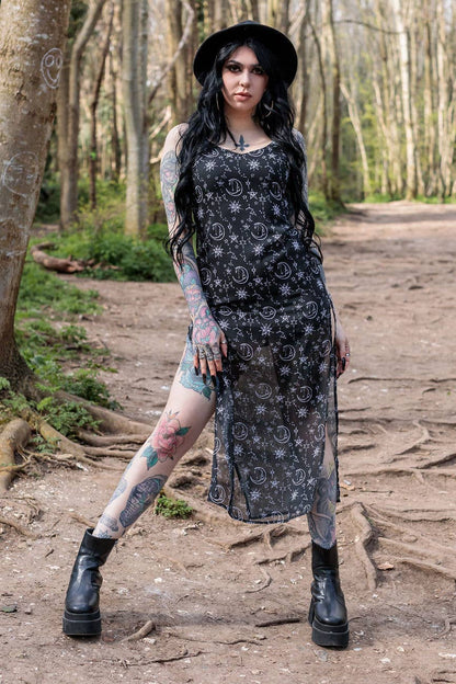 Alternative Moonprint Maxi Dress With Straps And Leg Split