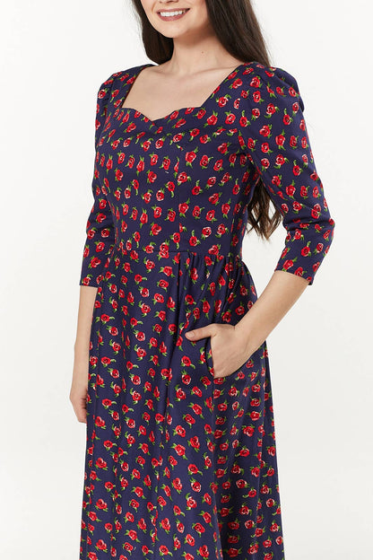 Isabella Midi, 3/4 Sleevesm Navy and Rose Print Dress