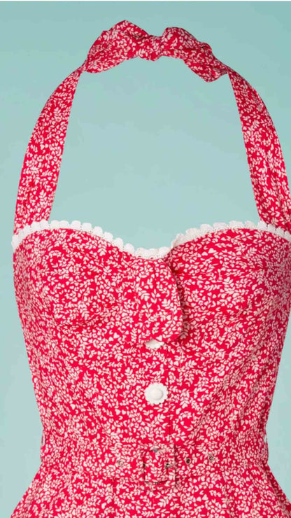 Lin Halter Neck Pink and White Print Playsuit with shirring